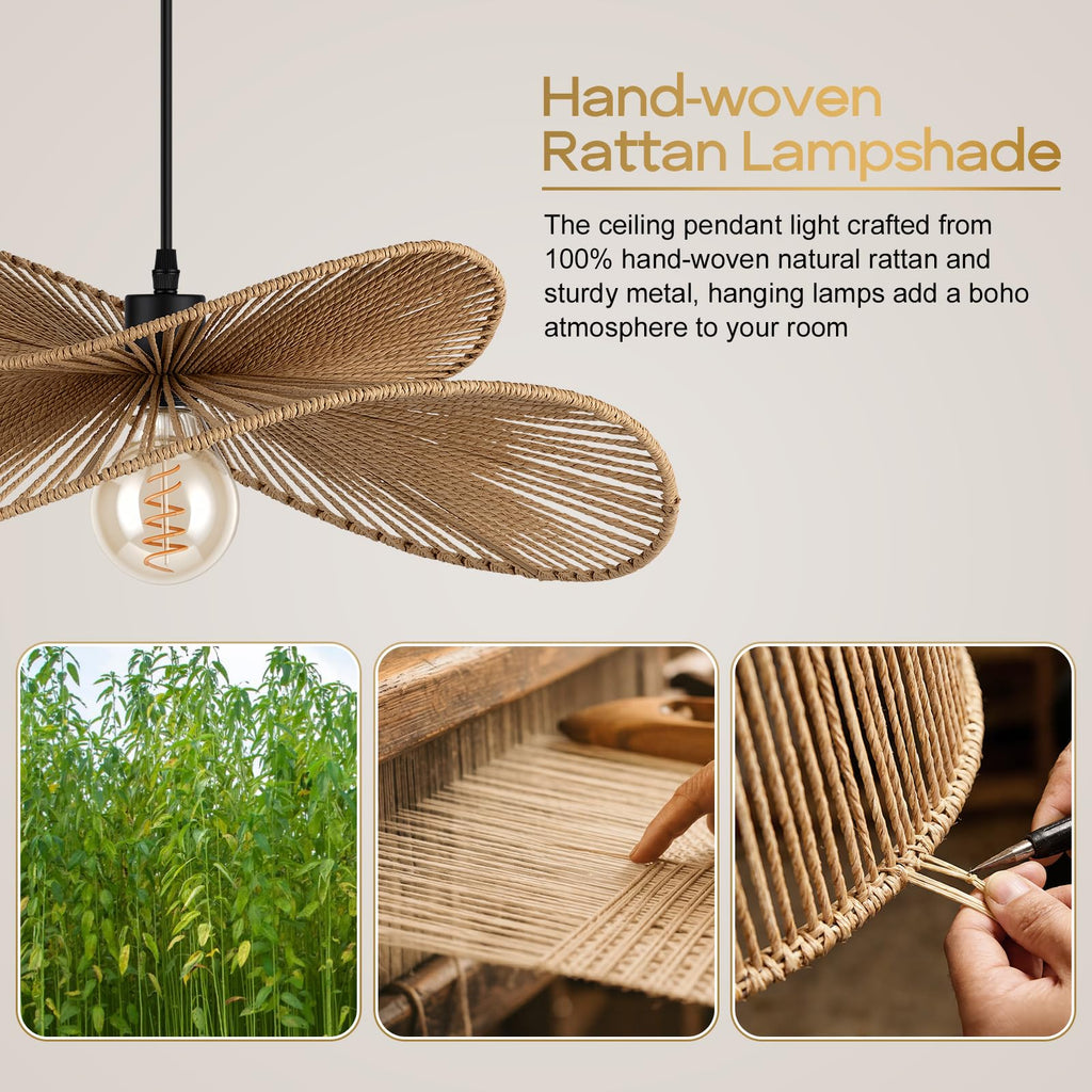 22.8" Large Boho Rattan Pendant Light, Handwoven Wicker Hanging Lamp, Natural Wave Design Dining Room Light Fixture
