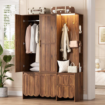 Armoire Wardrobe Closet with 2 Drawers, 3 Open Shelves, Sensor Light, 71" Tall Bedroom Armoire with Hanging Hooks and