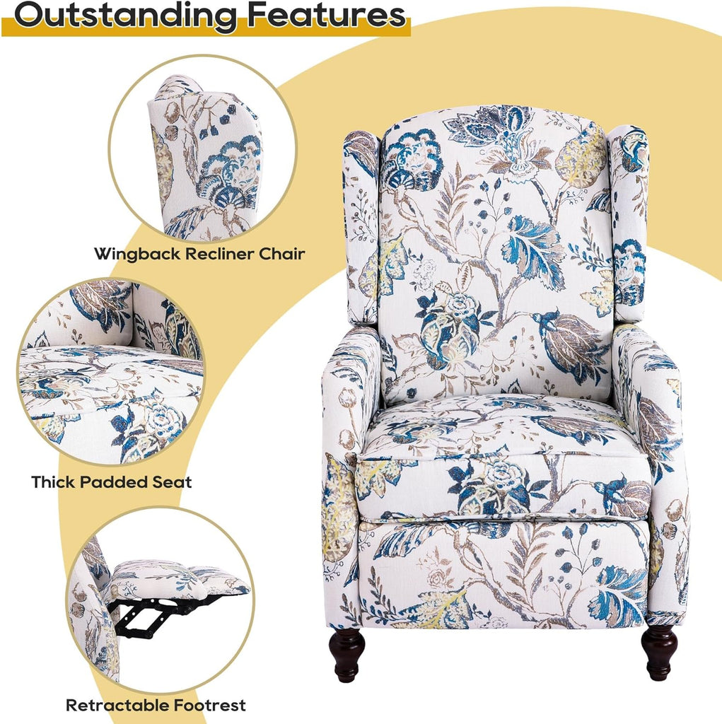 Mid Century Modern Wingback Recliner Chair for Adults, Push Back Upholstered Accent Chair with Floral Fabric, Manual
