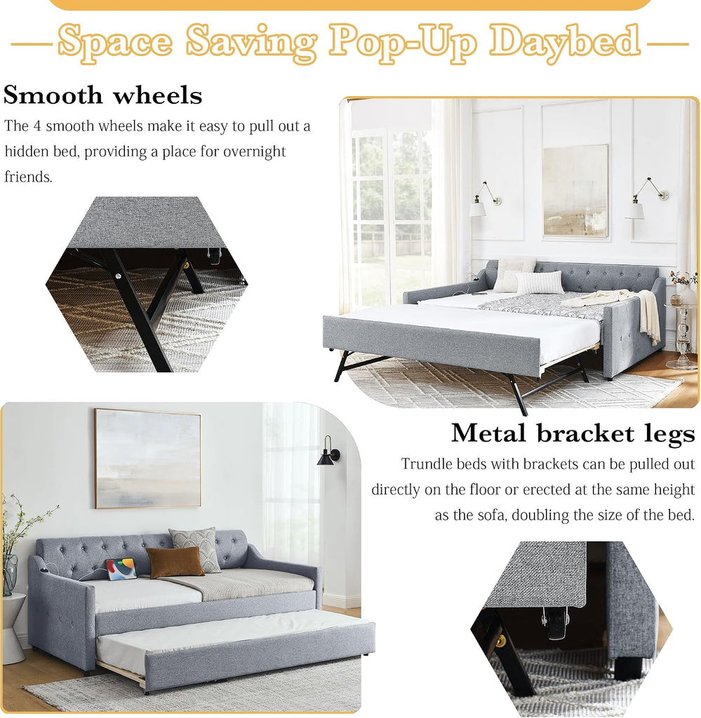 Twin Size Daybed with Pop Up Trundle, Upholstered Daybed with Trundle and USB Charging Ports, Linen Twin Size Sofa