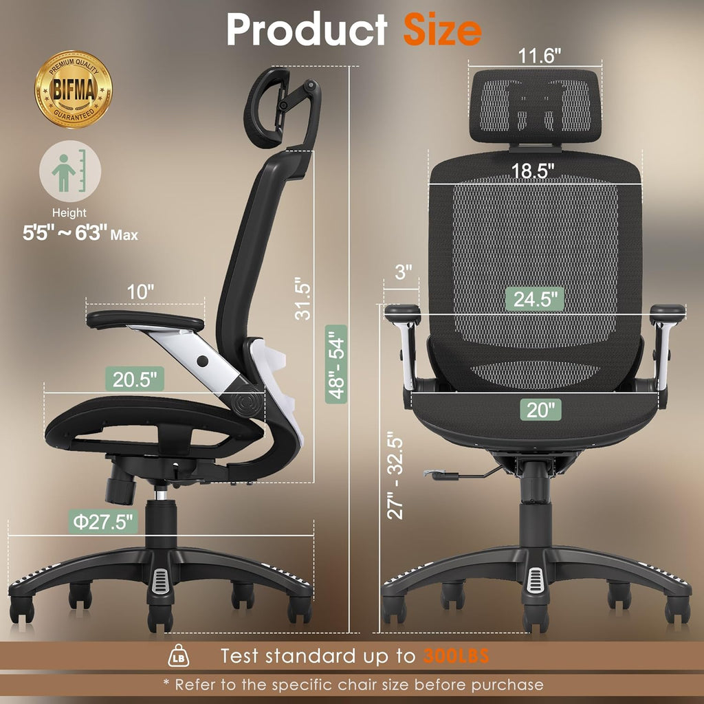Ergonomic, High Back Home Desk Chair with Headrest, Flip-Up Arms, 90-120° Tilt Lock and Wide Cushion, Big and Tall