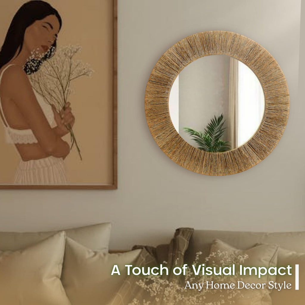 24 inch Natural Jute Round Wall Mirror, Boho Decor Wall Mirror
