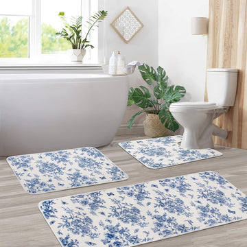 3 Piece Blue Floral Chinoiserie Bath Mats Blue and White Flower Vintage Rug for Room Decor U Shaped Toilet Rug (Blue