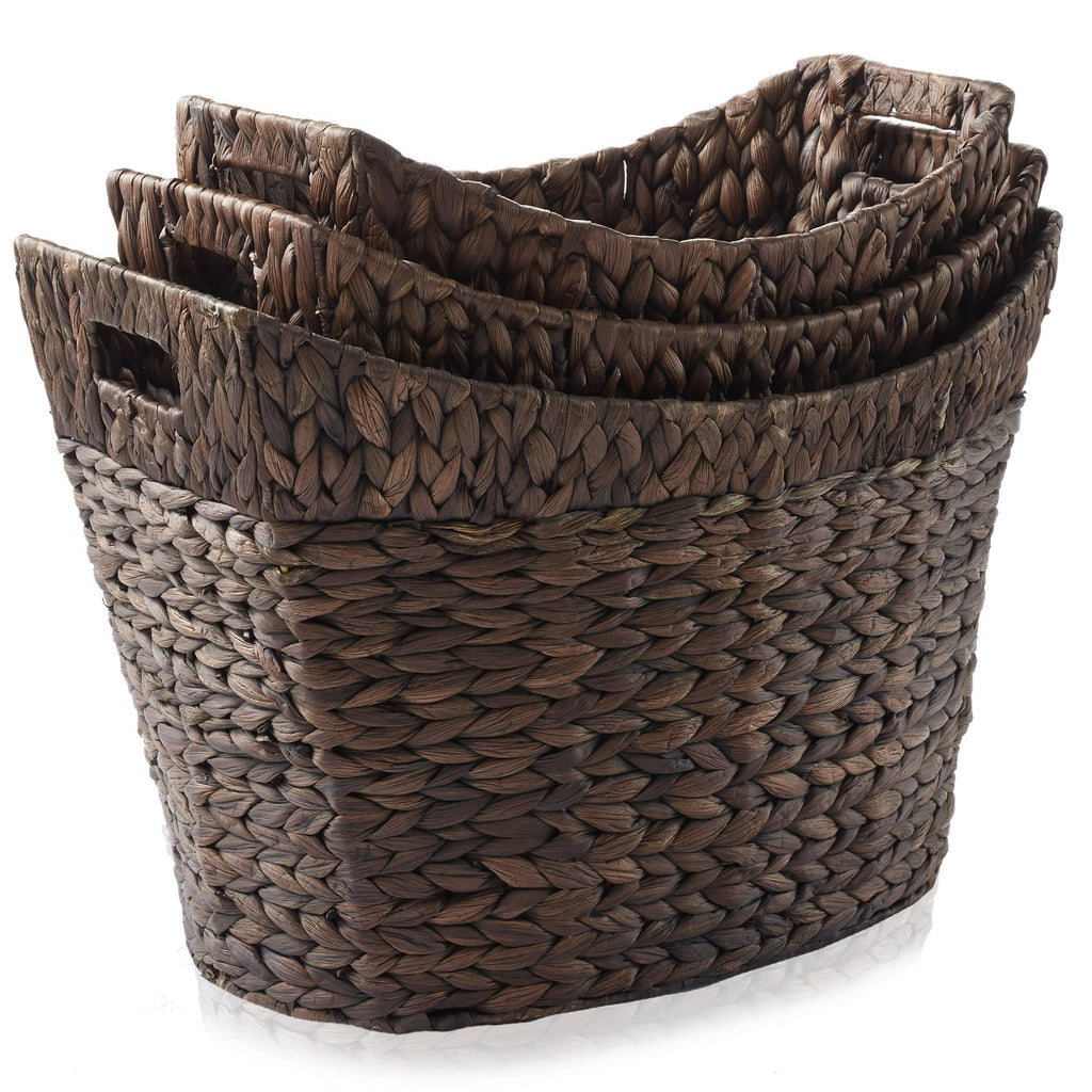Set of 3 Stackable Oval Laundry Baskets with Handles - Espresso, Woven Water Hyacinth Storage Totes for Throw