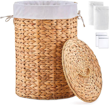 Round Water Hyacinth Laundry Hamper with Lid Handwoven Wicker Basket with Handles for Dirty Clothes, Storage, and