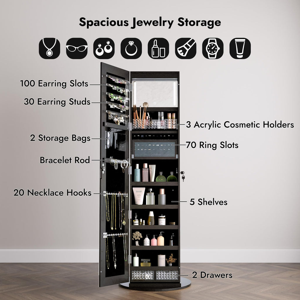 LED Mirror Jewelry Armoire, Black