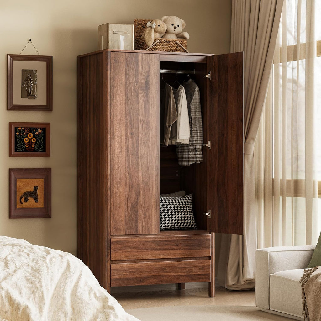 Wardrobe with 2 Doors and 2 Drawers, 70.9"H Modern Walnut Bedroom Armoire Closet with Hidden Handles, Freestanding