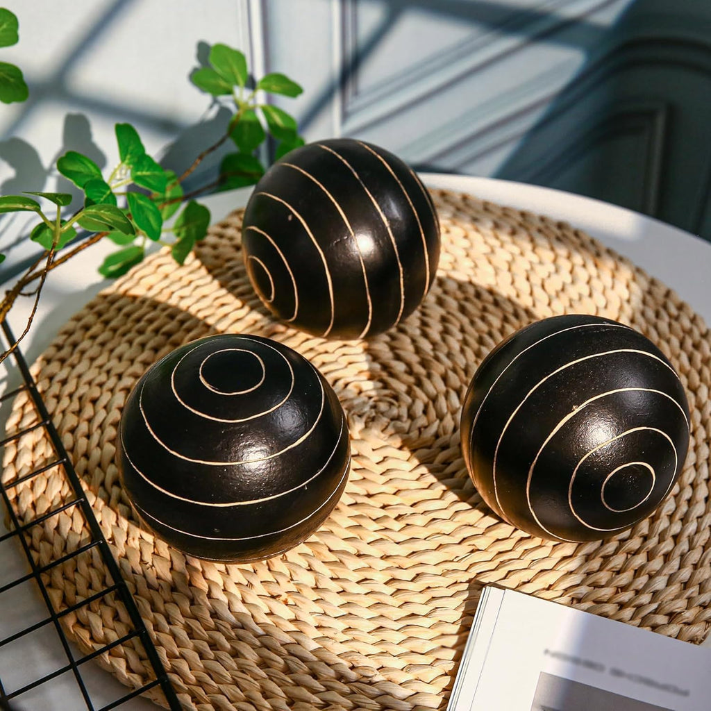 Decorative Orbs for Bowls and Vases, Circle Pattern, 4 inch Resin Round Sphere Balls, Set of 3, Living Room Coffee