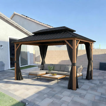 8' X 12' Hardtop Gazebo Outdoor Wood Grain Aluminum Frame Galvanized Steel Double Roof Gazebos with Netting and Curtains for Patio Deck Backyard Garden
