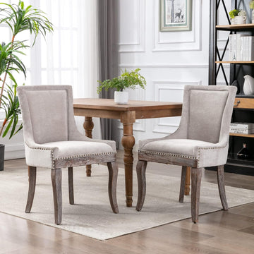 Mid-Century Upholstered Dining Chairs Set of 2, Thickened Fabric Wingback Kitchen Chairs with Bronze Nail Head &