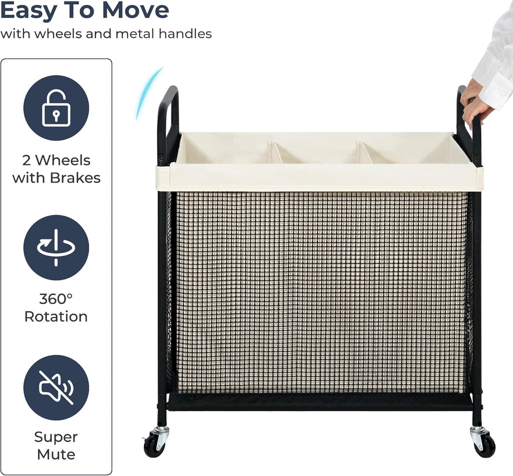 Laundry Hamper 3 Section, 120L Rolling Laundry Sorter Cart with Removable and Washable Liner Bag, Clothes Hamper with