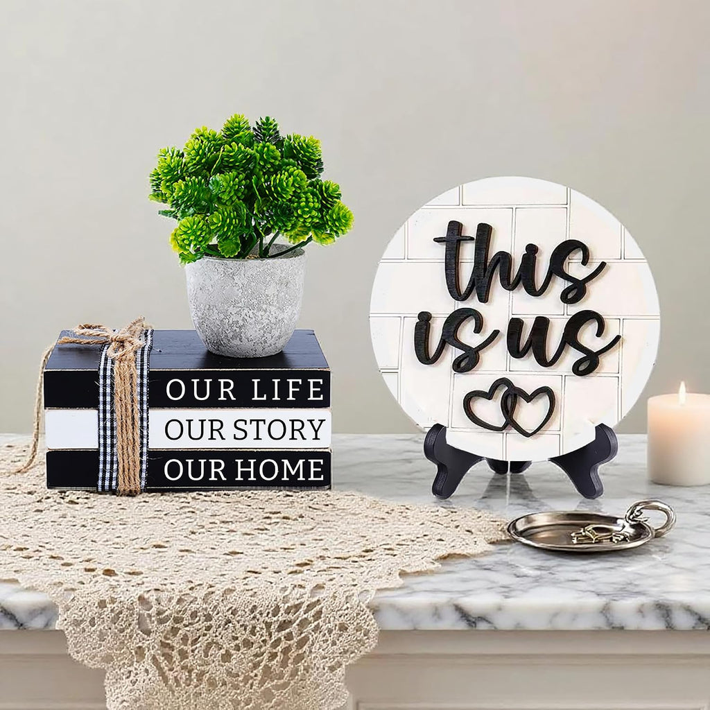 Farmhouse Family Tiered Tray, Wooden Book Stacks This Is Us Our Life Our Story Our Home Signs,Black and White Home
