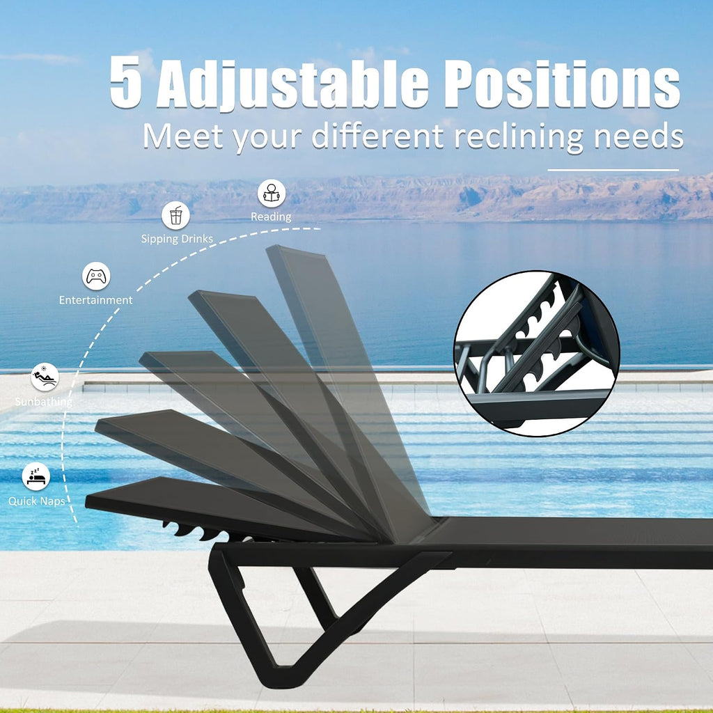 Pool Lounge Chairs Set of 2, Aluminum Patio Chaise Lounge with Wheels, 5 Position Adjustable, All Weather Outdoor