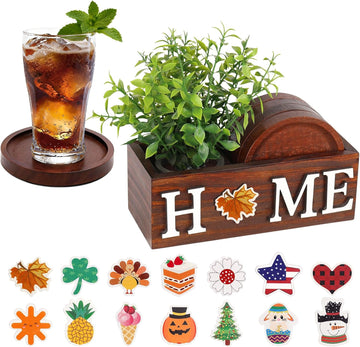 Wood Coasters for Drinks with Holder for Table Decor - Set of 4