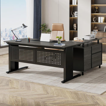 63 Inch Executive Desk with File Cabinet, L Shaped Office Desk with Drawers and Storage Shelves