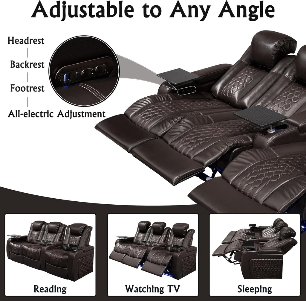 Home Theater Seating,Top-Grain Leather Recliner Sofa, Zero Gravity Power Reclining Couch with Ambient LED Lights