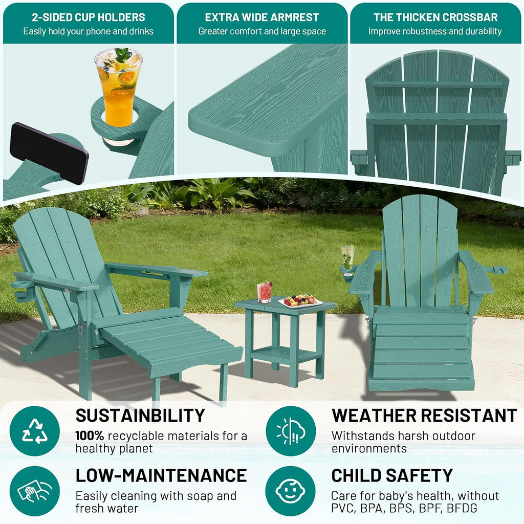 Folding Adirondack Rocking Chair with Retractable Ottoman, Aruba | Weather Resistant, Wood-Grain, 2-Sided Cup