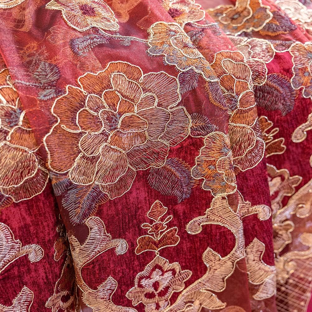 European Style Luxury Festival Burgundy Red Embroidered Sheer Curtain for Living Room Elegant Floral Tulle Curtains