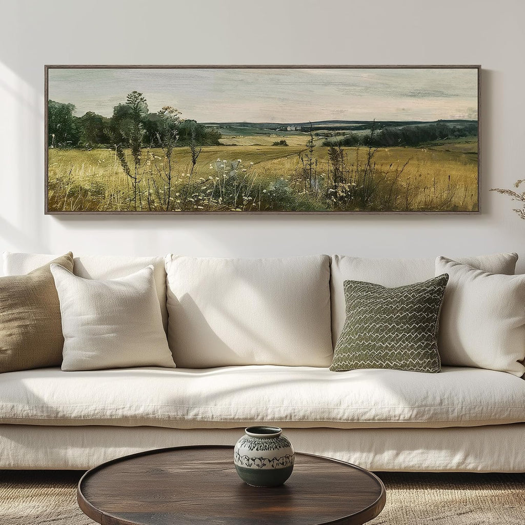 Extra Large Framed Landscape Rustic Wall Art , Vintage Scenery Canvas Artwork Prints, Countryside Vast Field