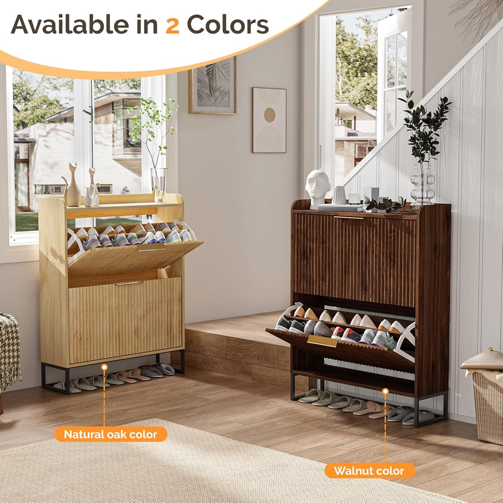 Fluted Shoe Cabinet Storage ,Hidden Shoes Storage Cabinet with 2 Flip Drawers, Mid Century Modern Shoe Rack