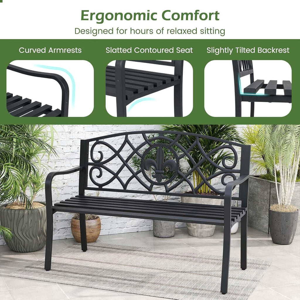 50.5" Outdoor Bench with Metal Frame, Floral Design Cast Iron Backrest, Slatted Seat, Adjustable Foot Pads, Load