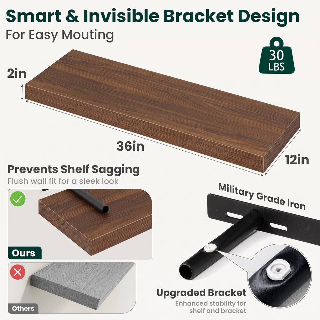 12 Inch Deep Floating Shelves Walnut, 36 Inch Long, 2" Thick Floating Shelves for Wall, Hidden Bracket