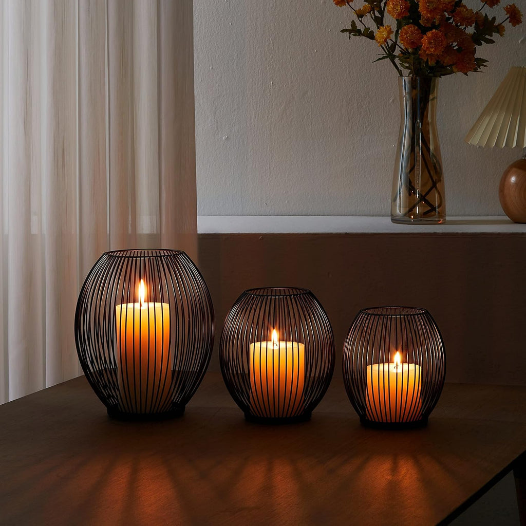 Outdoor Candle Holder Decor Set - Black Candle Holder - Candles Holders for Table Centerpiece - Hurricane Candles