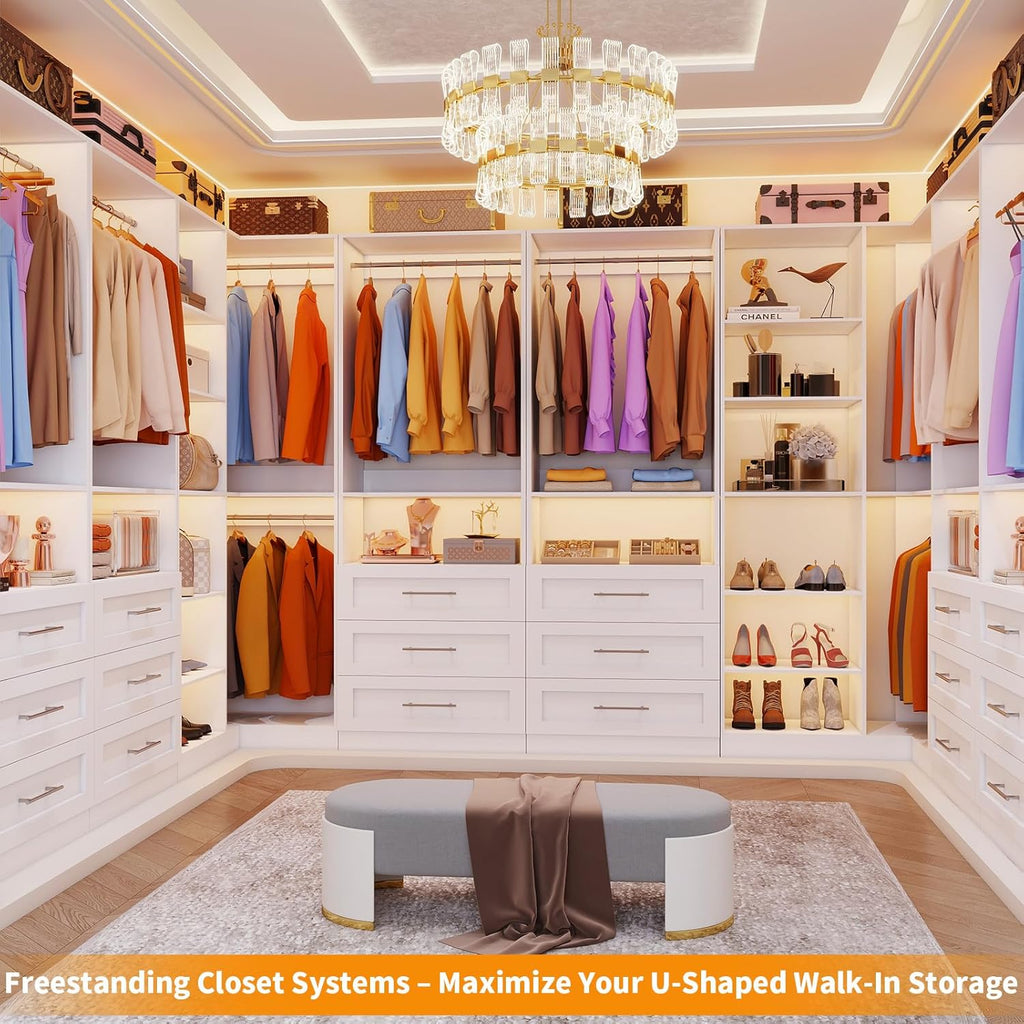 Closet System with 3 Drawers, Corner Closet Organizer Systems with 7 Shelves & 5 Hanging Rods L-Shaped Walk in Closet