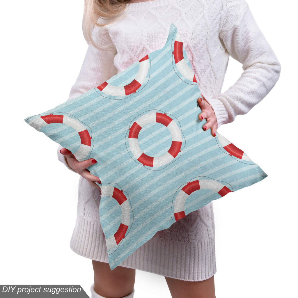 Coastal Fabric by The Yard, Nautical Sea Themed Composition with Pastel Colored Stripes Background, Decorative Fabric