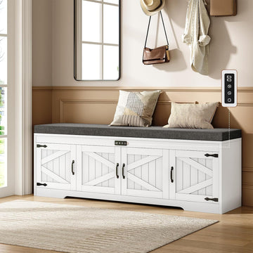60" Farmhouse Shoe Storage Bench with Deodorizing, Entryway Storage Bench with Cushion Seat, 4 Doors Freestanding