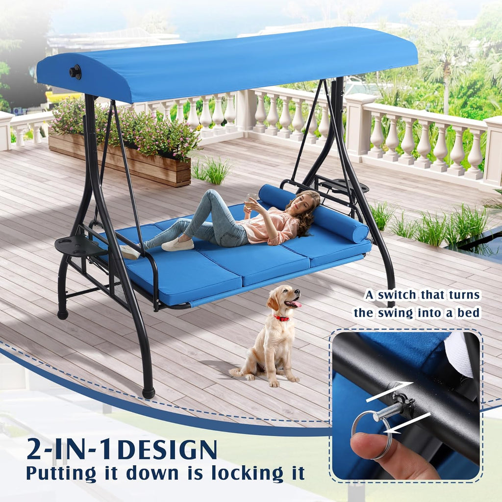Outdoor Porch Swing with Canopy and Stand, 3 Person Patio Swing for Adults, Convertible 2 in 1 Porch Bed Swing with
