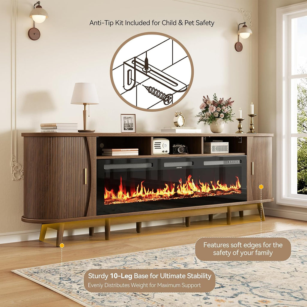 97" Fireplace TV Stand for 100" TV, Mid Century Modern Entertainment Center with 60" Electric Fireplace, Media