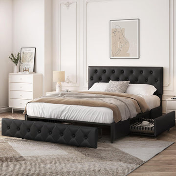Queen Bed Frame Upholstered Bed Frame with Adjustable Diamond Button-Tufted Headboard/3 Drawers Storage