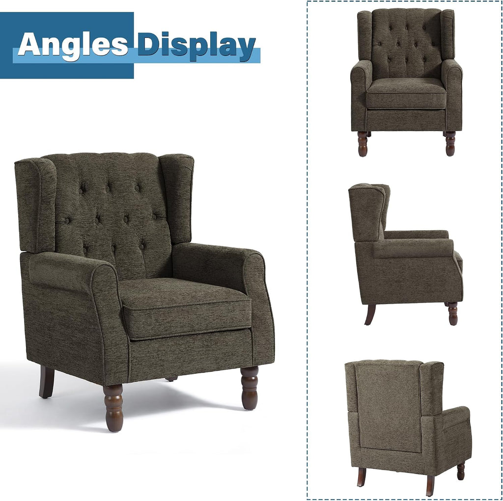 High Back Accent Chair, Tufted Wingback Chair , Taupe | Button-Tufted Upholstered Armchair with Solid Wood Legs