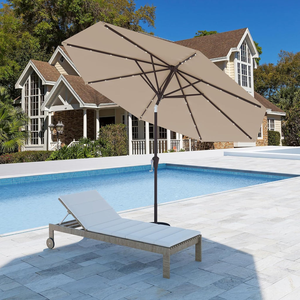 9FT Patio Umbrella with Solar Lights,Outdoor Market Umbrella with Tilt and Crank