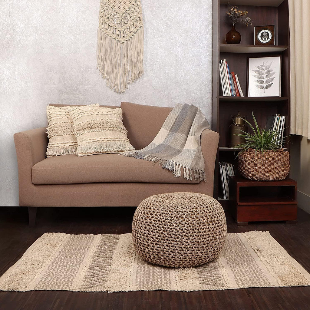 Round Pouf Ottoman - Hand Knitted Boho Poof - Beige Ivory | 100% Cotton, 19.5"x19.5"x14"; Doubles as Footstool, Foot