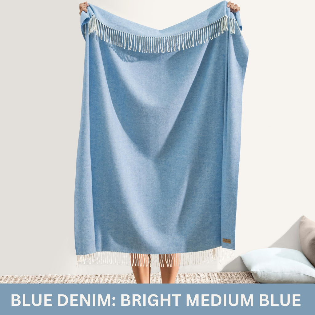 Cotton Throw Blanket - Blue Denim Italian Woven Herringbone Throw Blanket with Fringe - Luxury Decorative Throw for