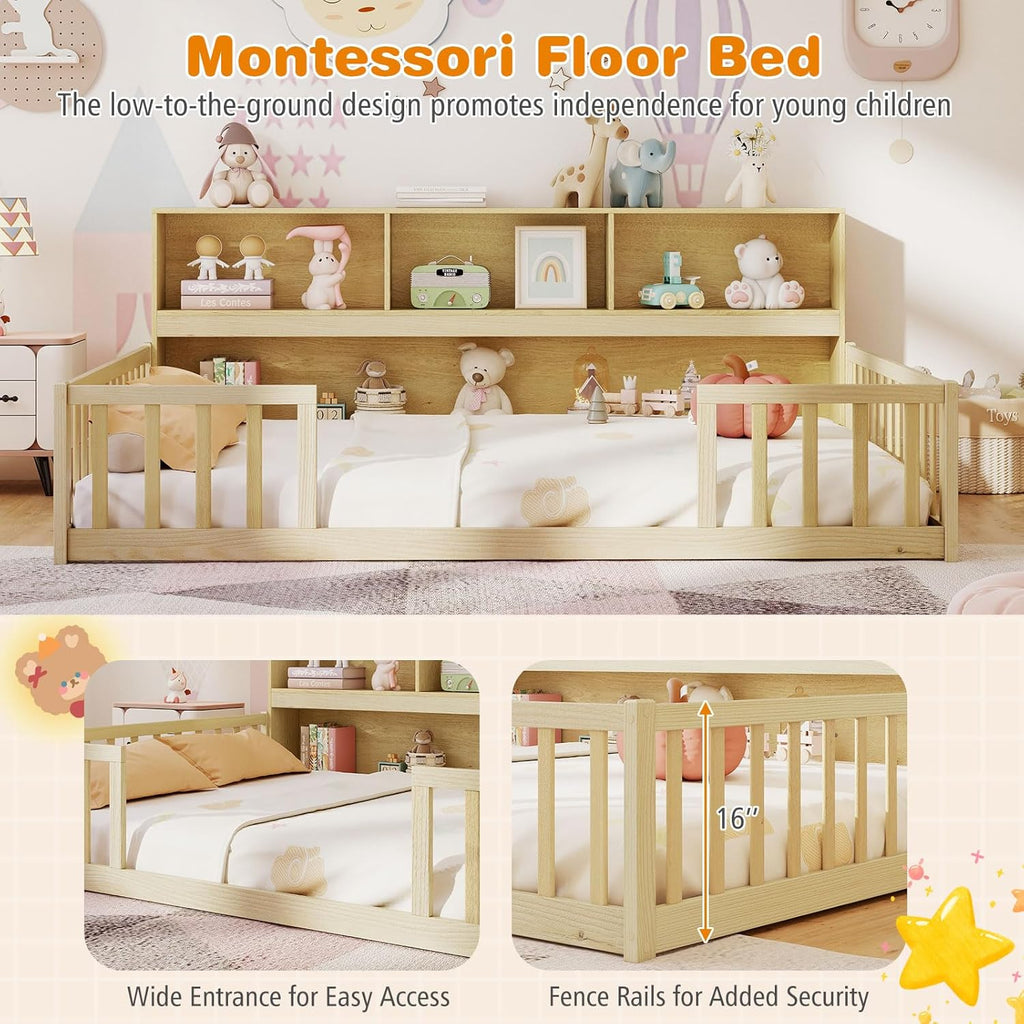 Full Size Floor Bed for Kids, Wooden Montessori Bed Frame with Bookcase, Storage Shelves & Safety Fence Rails, Floor