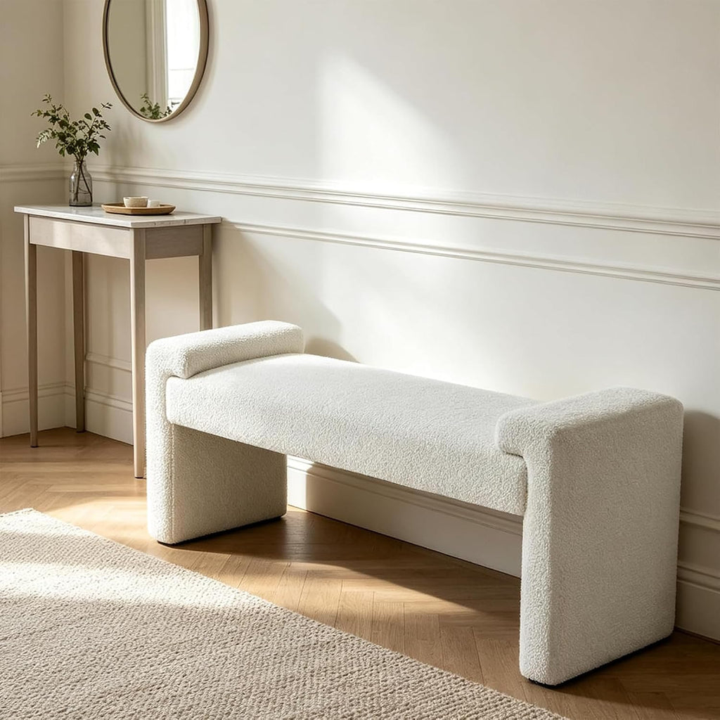 Upholstered Entryway Bench, 43" Modern Bedroom Bench, White | Sherpa Fleece, Curved Armrests, Solid Wood Frame, End