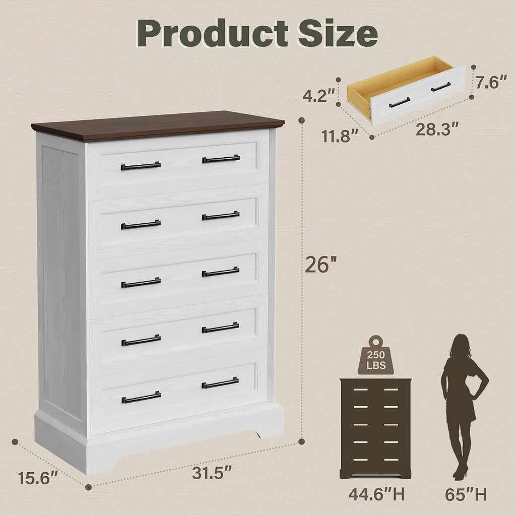 Tall Dresser ,Farmhouse 5 Drawers Dresser, Chest of Drawer Chest, Multi-Tier Clothing Storage Cabinet, White and Brown