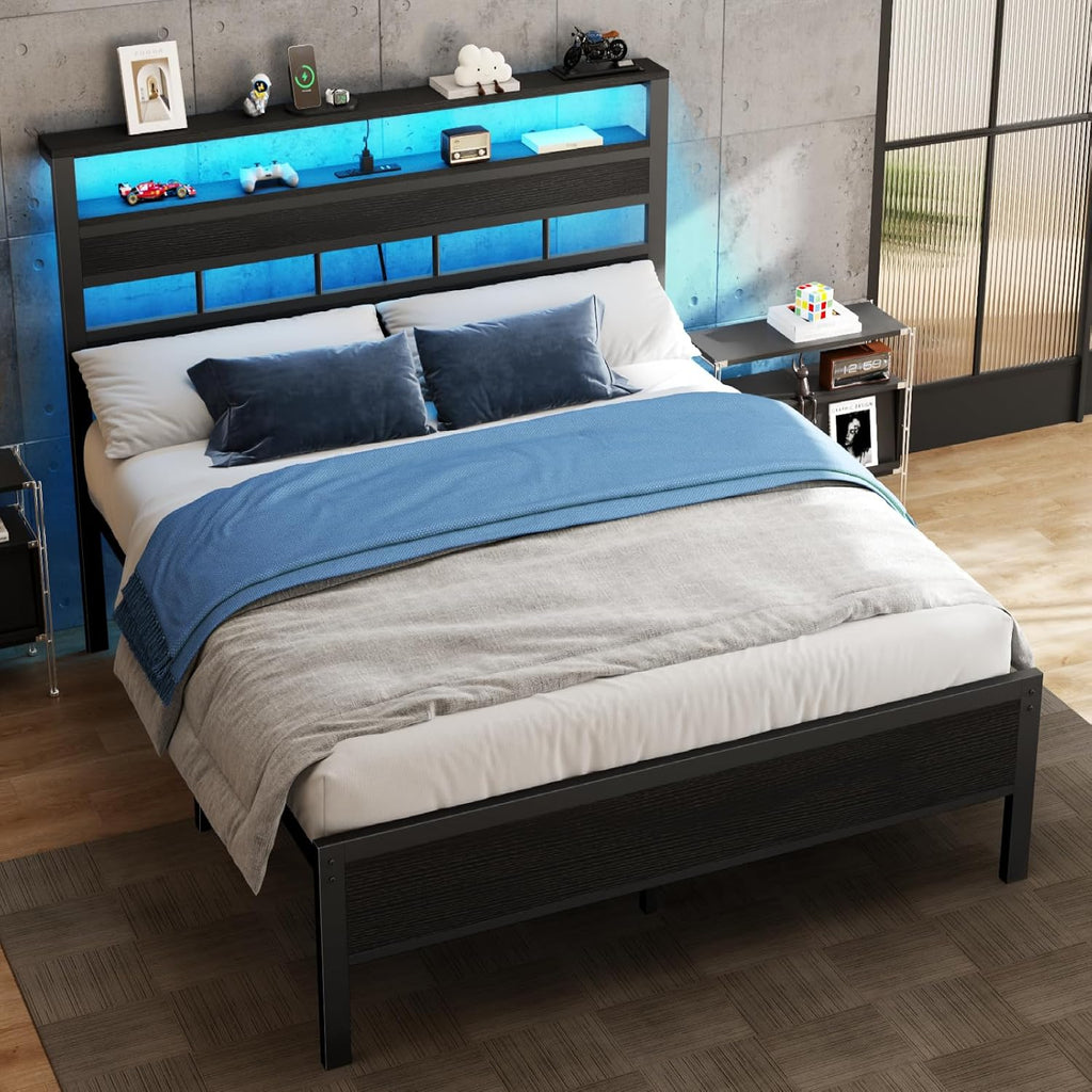 Full Bed Frame with LED Light and Charging Station, Wood Storage Headboard with 2-Tier Shelves