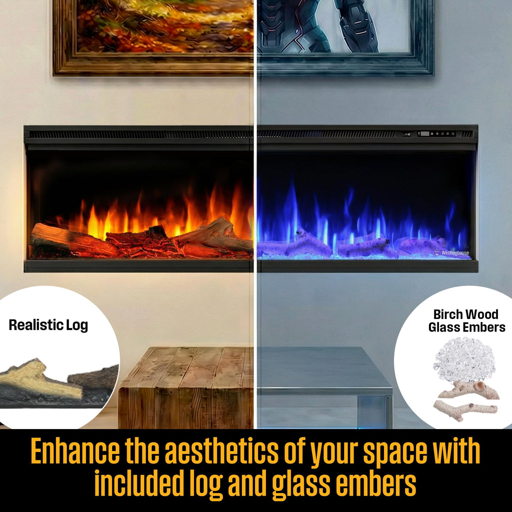 60inch 3-Sided Electric Fireplace, Realistic Flame&Log Set, Compatible with Alexa & Google Home, Wall Mount or