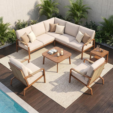5-Piece Aluminum Patio Furniture Set with L-Shaped Outdoor Sectional Sofa, Coffee Table & Side Table, Modern Outdoor