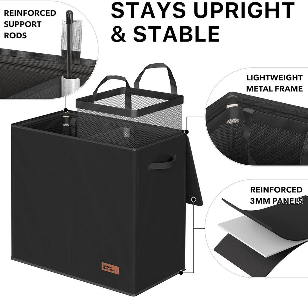 Double Laundry Hamper with Lid & Removable Bags, Black | Heavy Duty 600D Polyester, Water-Resistant Surface
