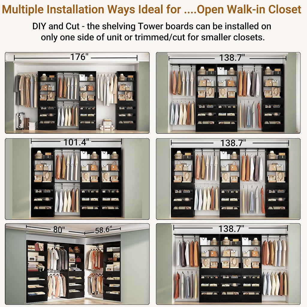 Closet System with 12 Drawers, 138.5" Wood Closet Organizer System with 4 Hanging Rods & Top Shelves, 6.7+4.85Ft L