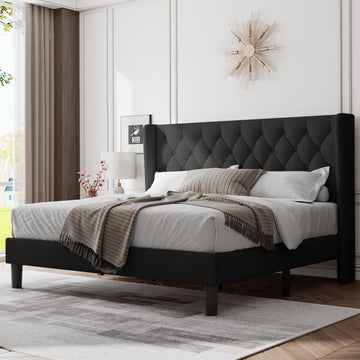 King Size Bed Frame with Wingback Tufted Headboard, Upholstered Platform Bed Frame with Heavy Duty Wooden Slats