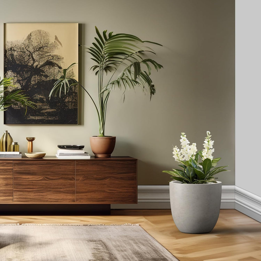 18 Inch Dia Round Concrete Planter, Indoor Outdoor Large Plant Pot with Drainage Hole and Rubber Plug Patio Garden