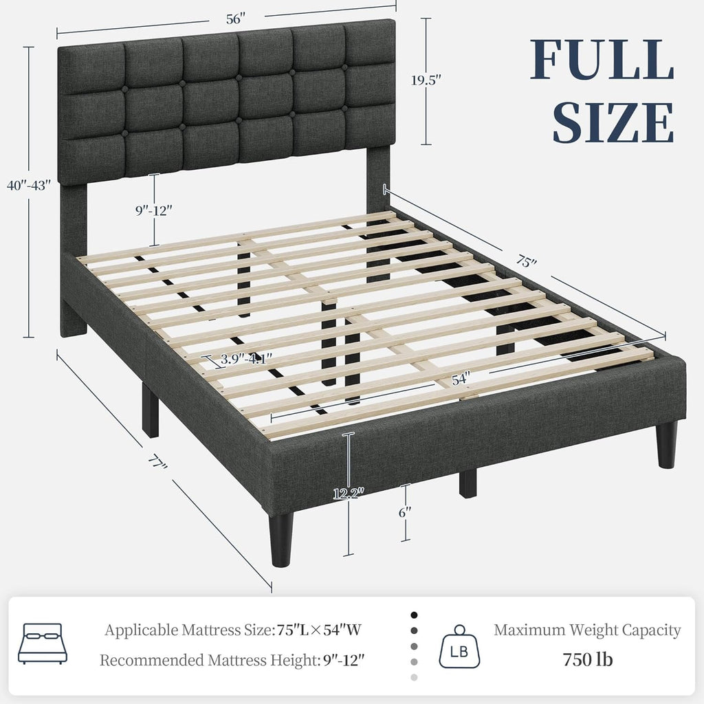 Upholstered Bed Frame, Modern Full Bed Platform with Square Stitched&Button Tufting Headboard Height Adjustable