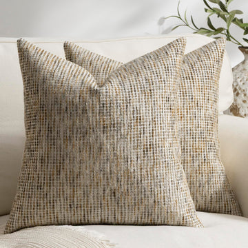 Pack of 2 Neutral Euro Sham Covers 24x24 Boho Textured Dots Stripe Chenille Large Square Decorative Throw Pillow