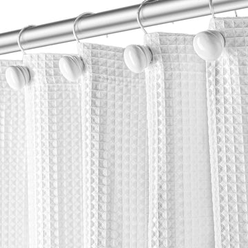 Waffle Fabric White Shower Curtain with Liner Set - Includes Free Clear Liner, Decorative Shower Curtain Set